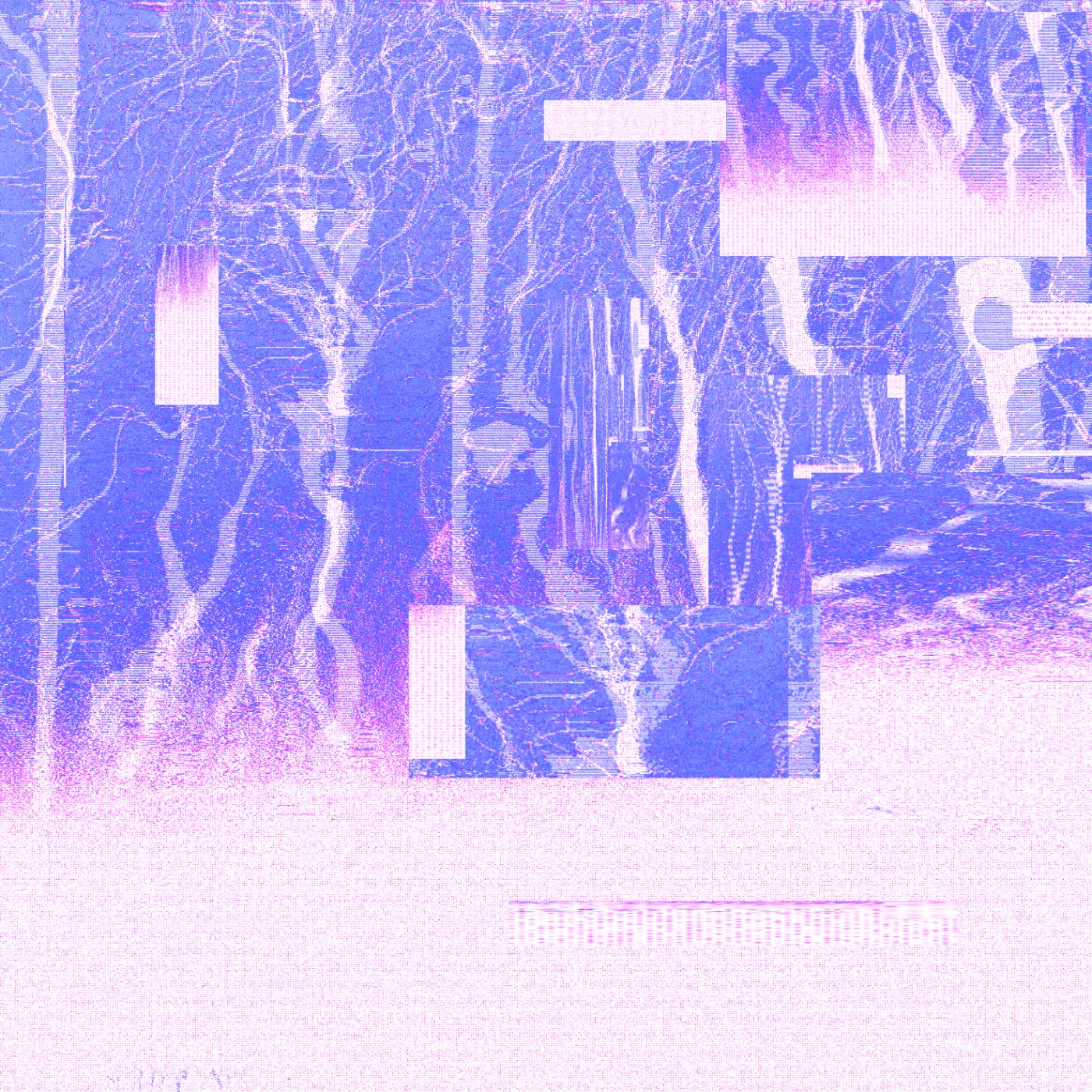 Mythic Latent Glitches by Ivona Tau — Ivona Tau's digitally-corrupted forest scene presents a vertically-divided composition where the upper half depicts naturalistic tree silhouettes rendered...