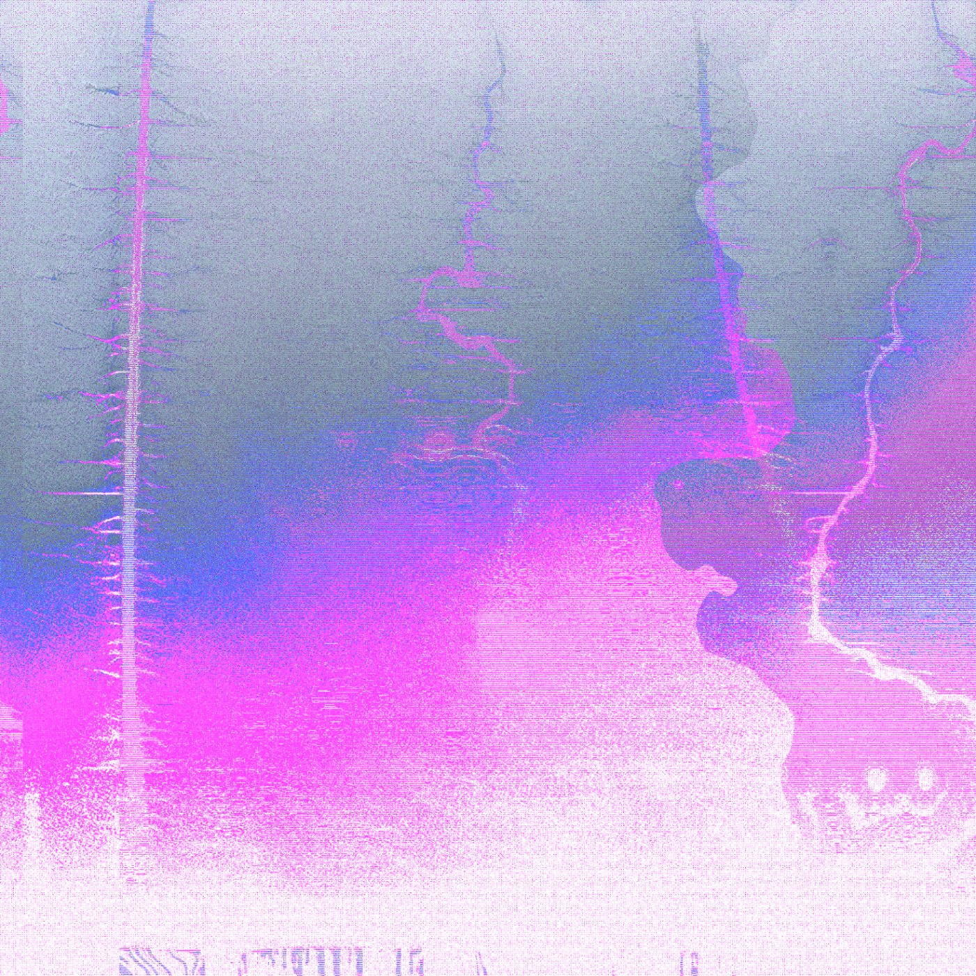 Mythic Latent Glitches by Ivona Tau — Ivona Tau's thermographic rendering combines GAN-generated forest canopy with systematic digital degradation.