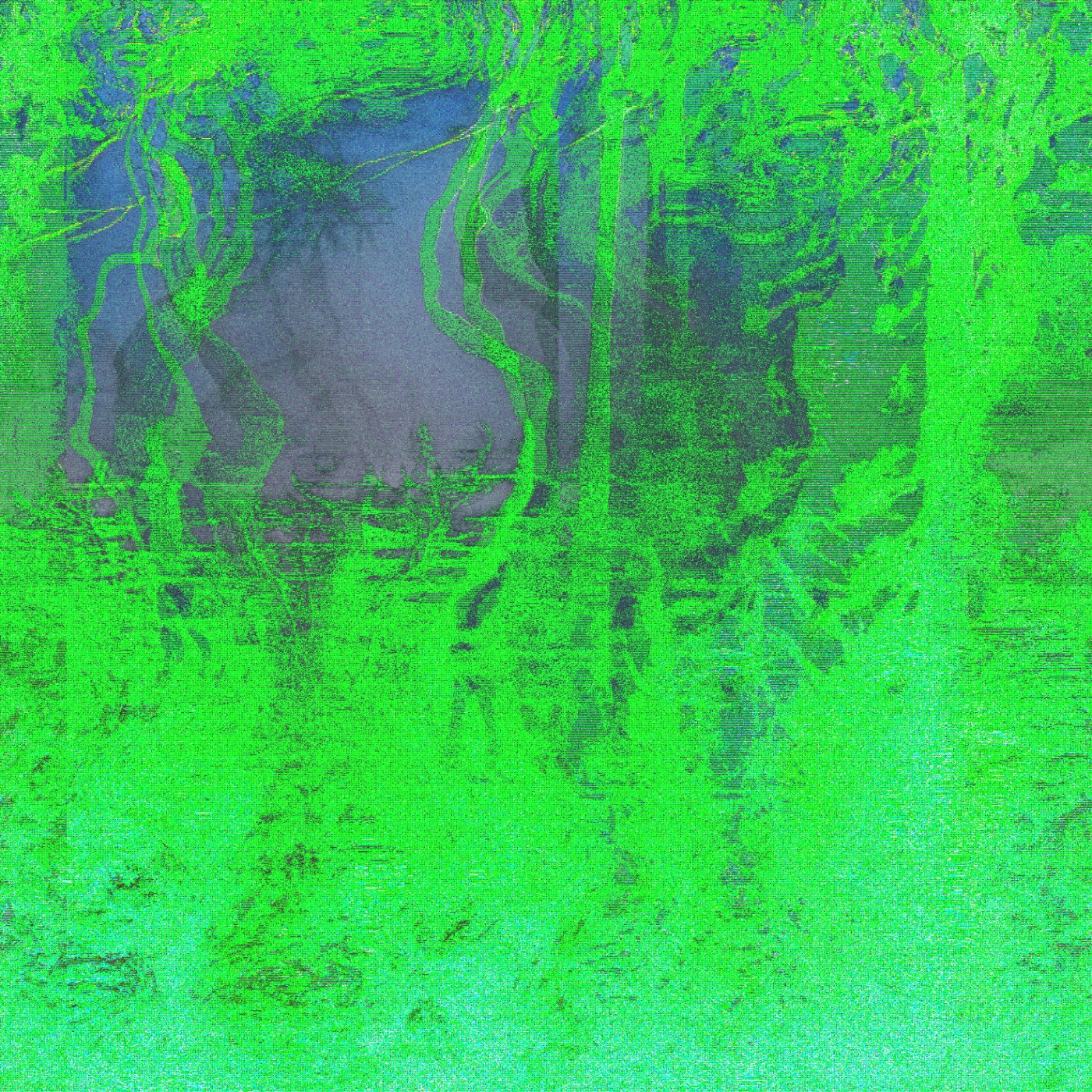 Mythic Latent Glitches by Ivona Tau — A digitally corrupted forest scene rendered in jarring chromatic contrast.