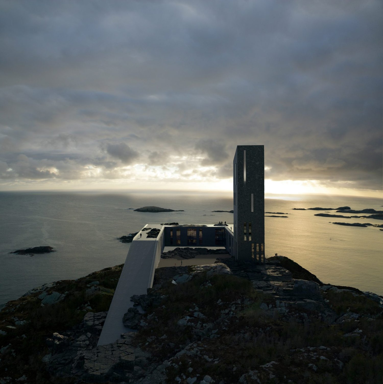 Fedje Hotel by Saunders Architecture — The Fedje Hotel's dramatic cantilever extends horizontally across a rocky promontory, its dark concrete tower rising vertically against a cloud-laden sky.