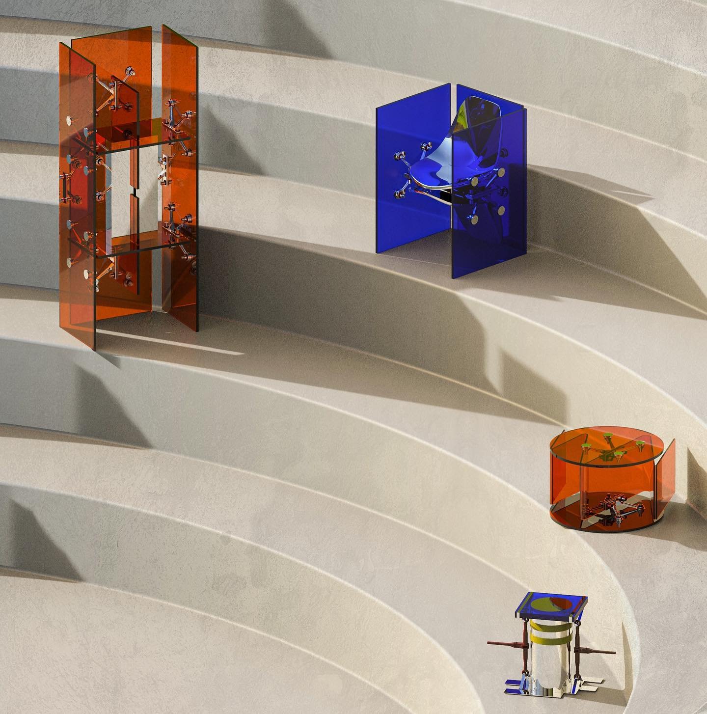 Mixed Public-Private Boundary collection by Cometabolism Studio — Cometabolism Studio's repurposed industrial furniture collection displayed across stepped concrete surfaces, organized by descending scale.