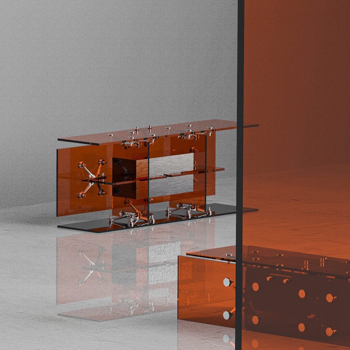 Mixed Public-Private Boundary collection by Cometabolism Studio — A modular furniture object composed of high-saturation terracotta and blue translucent panels enclosing visible mechanical components and metal hardware.