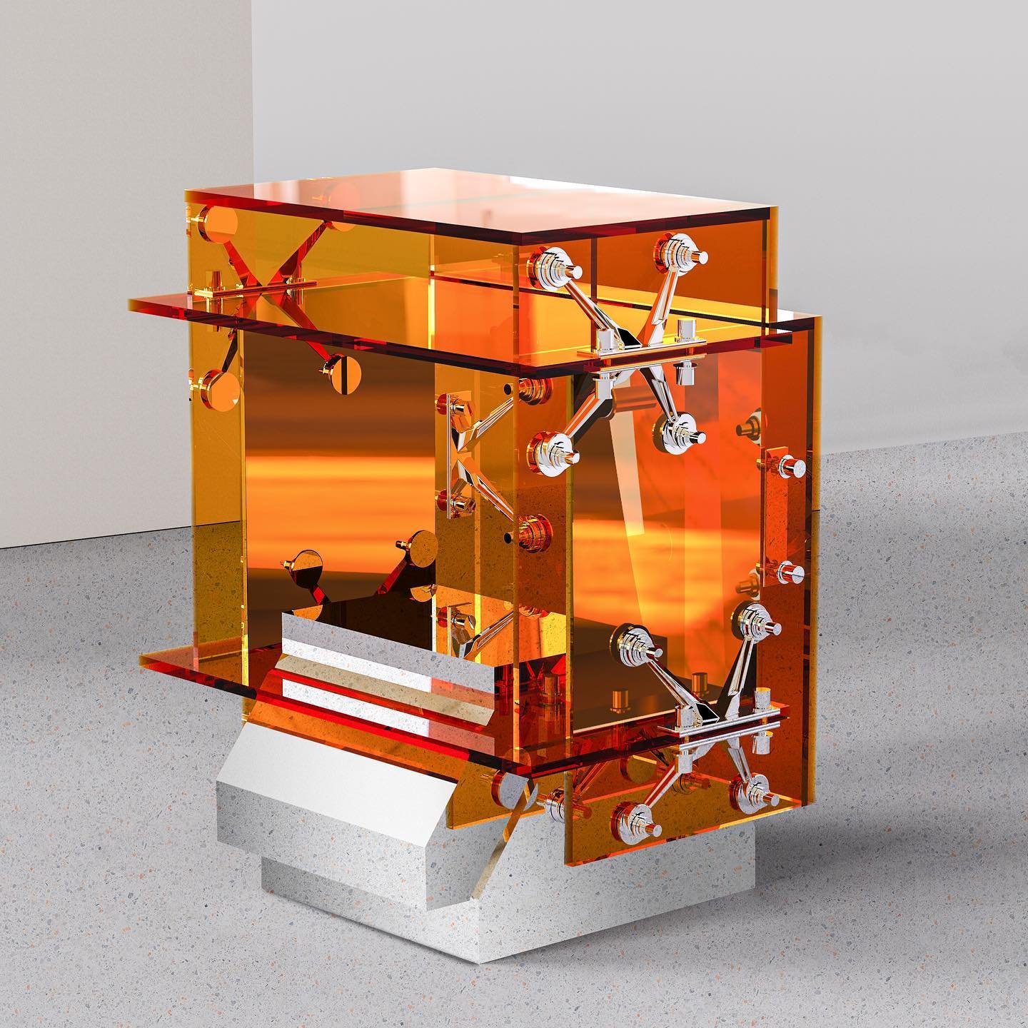 Mixed Public-Private Boundary collection by Cometabolism Studio — A translucent orange acrylic cabinet structure reveals internal mechanical components—chrome-finished dumbbells, metal rods, and industrial hardware—mounted...