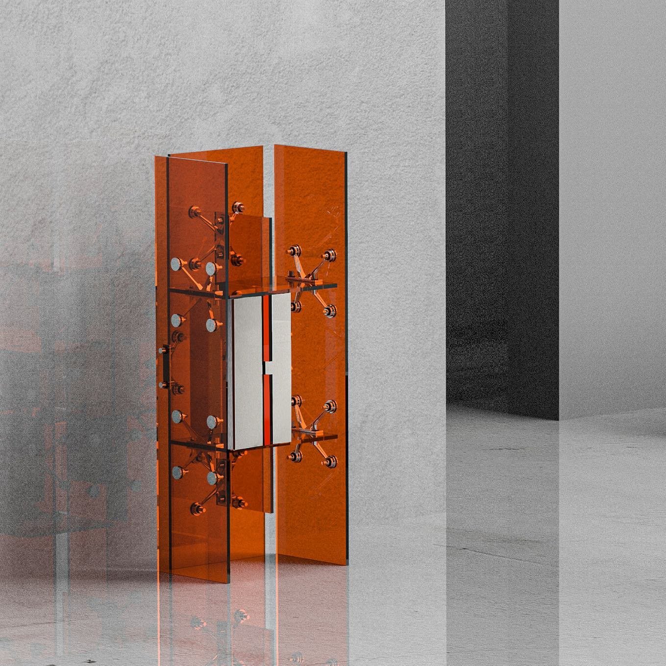 Mixed Public-Private Boundary collection by Cometabolism Studio — A translucent orange resin cabinet dominates the composition, its twin vertical panels flanking a central white drawer unit.