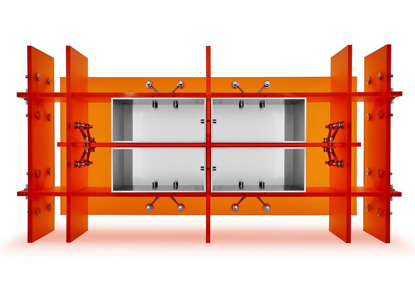 Mixed Public-Private Boundary collection by Cometabolism Studio — Industrial steel frame structure finished in high-saturation orange and red, composed of vertical stanchions and horizontal beams supporting two large...