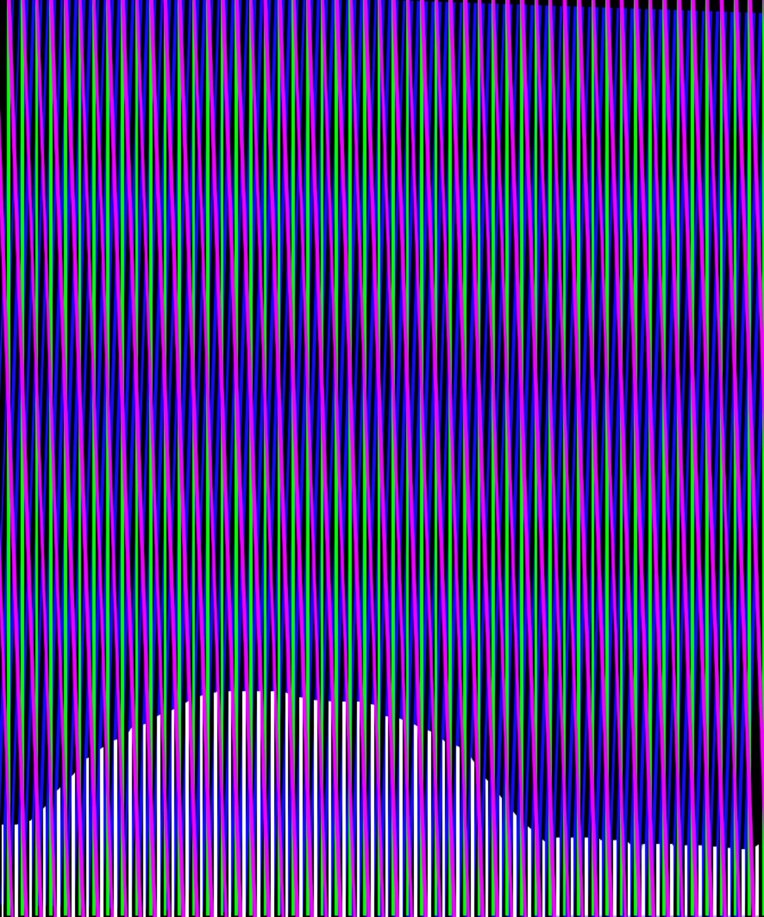 Selected DDFAP works by Klaus Jörres — A large-format acrylic painting composed of vertical lines in black, white, magenta, cyan, yellow, and green that modulate in density and saturation across...