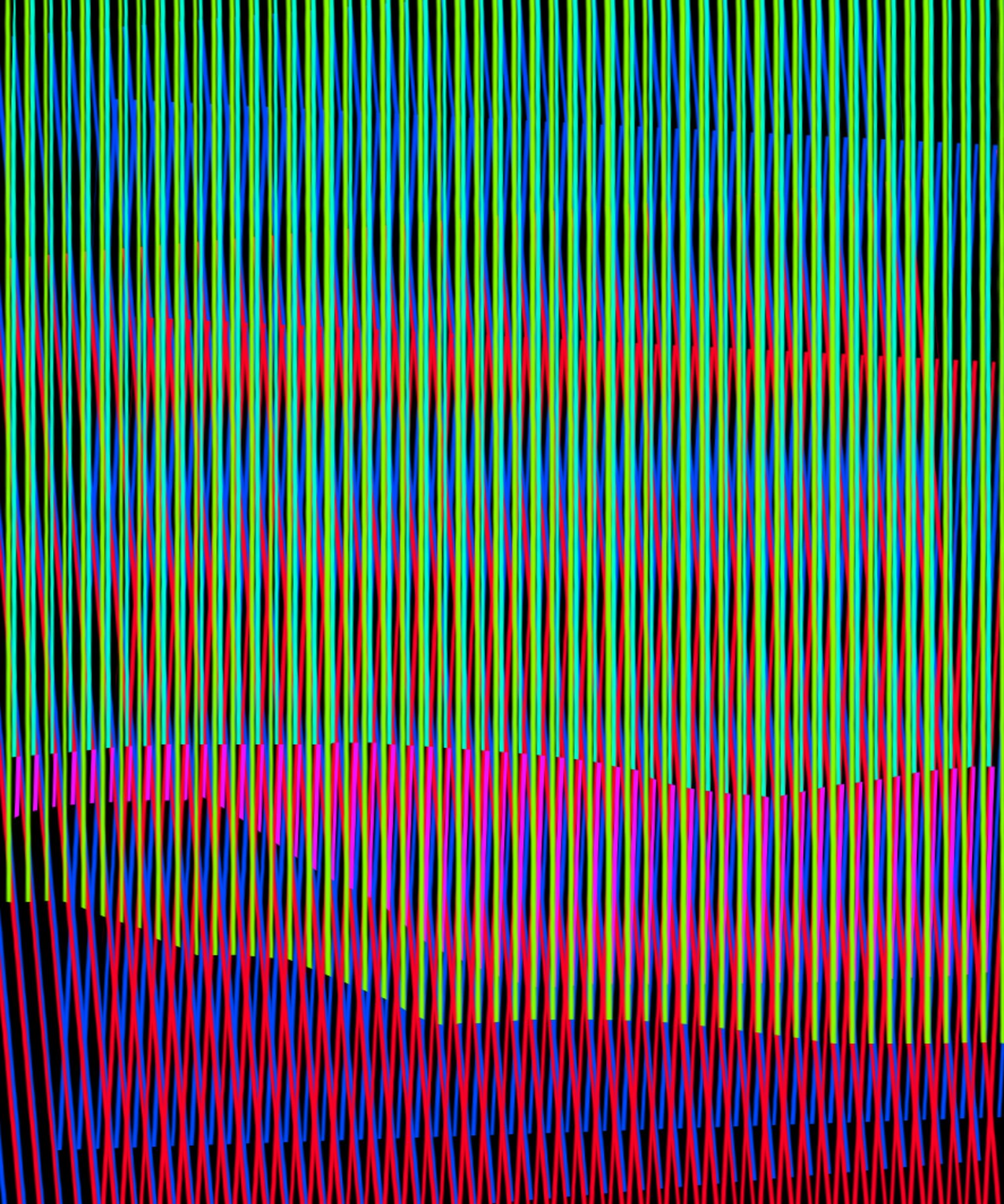 Selected DDFAP works by Klaus Jörres — A large-format acrylic painting composed of precisely rendered vertical lines in black, white, and neon pigments—magenta, cyan, yellow, and orange.