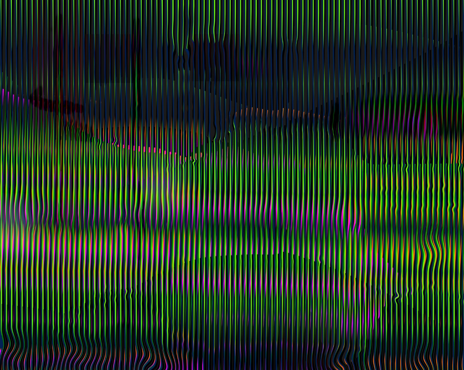 Selected DDFAP works by Klaus Jörres — Vertical acrylic lines in black, white, magenta, cyan, yellow, and orange create a densely layered composition.