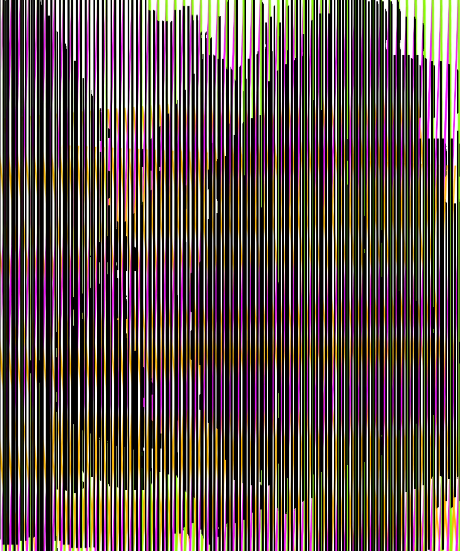Selected DDFAP works by Klaus Jörres — Large-format acrylic painting composed of vertical lines in black, white, magenta, cyan, yellow, and orange.