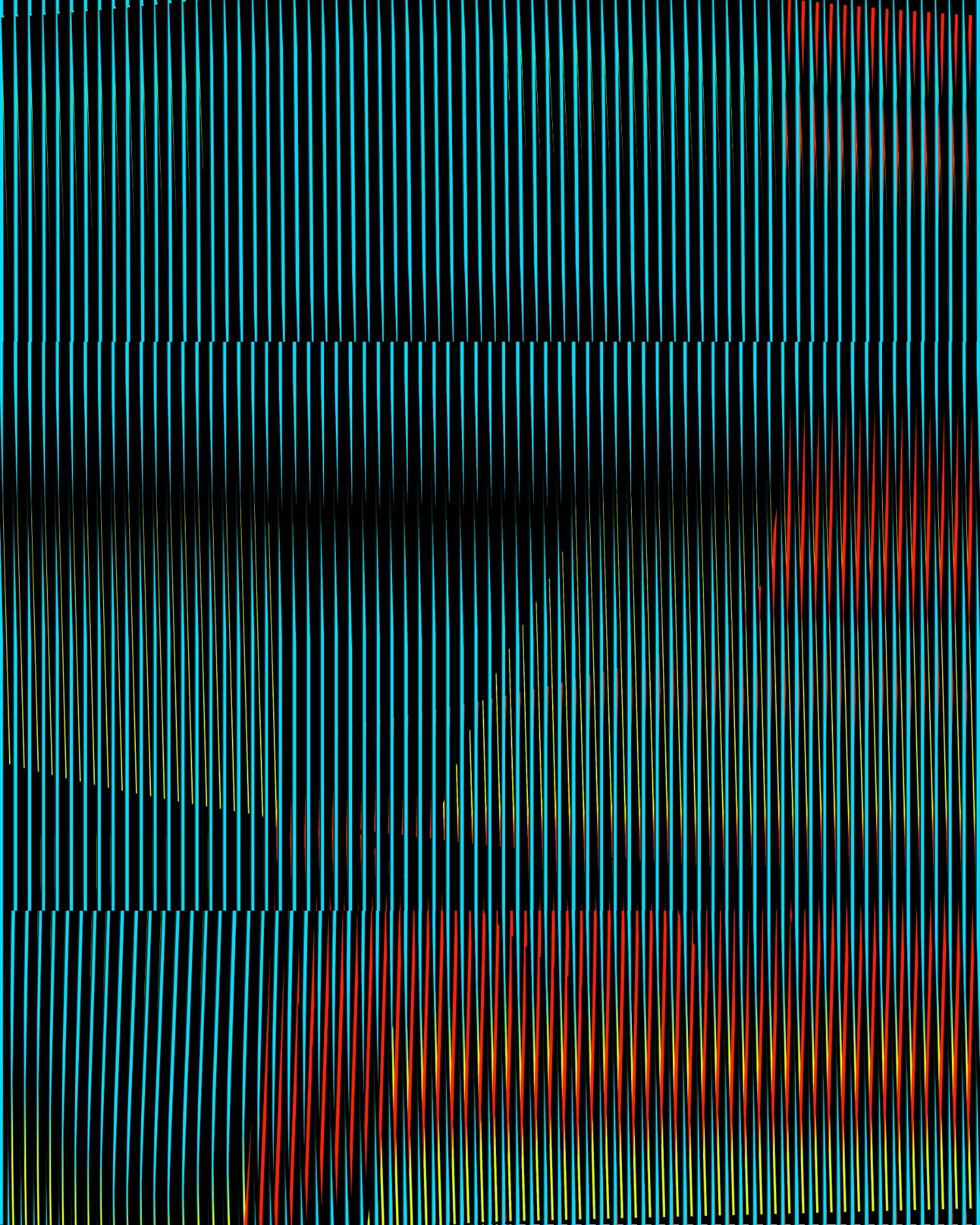 Selected DDFAP works by Klaus Jörres — A large-format acrylic painting composed entirely of vertical lines in black, white, cyan, magenta, orange, and yellow.