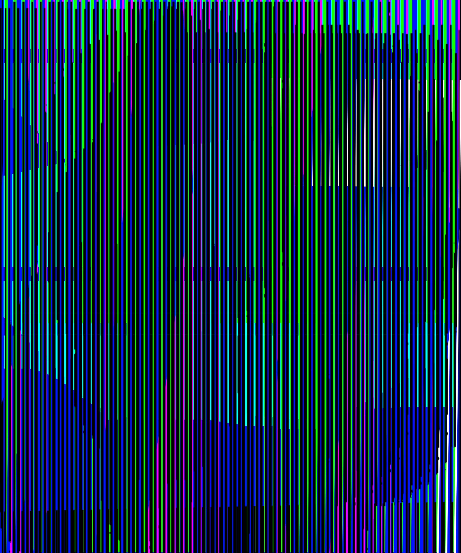 Selected DDFAP works by Klaus Jörres — A large-format acrylic painting composed of vertical lines in black, cyan, magenta, and white that create volumetric optical illusion through density and...