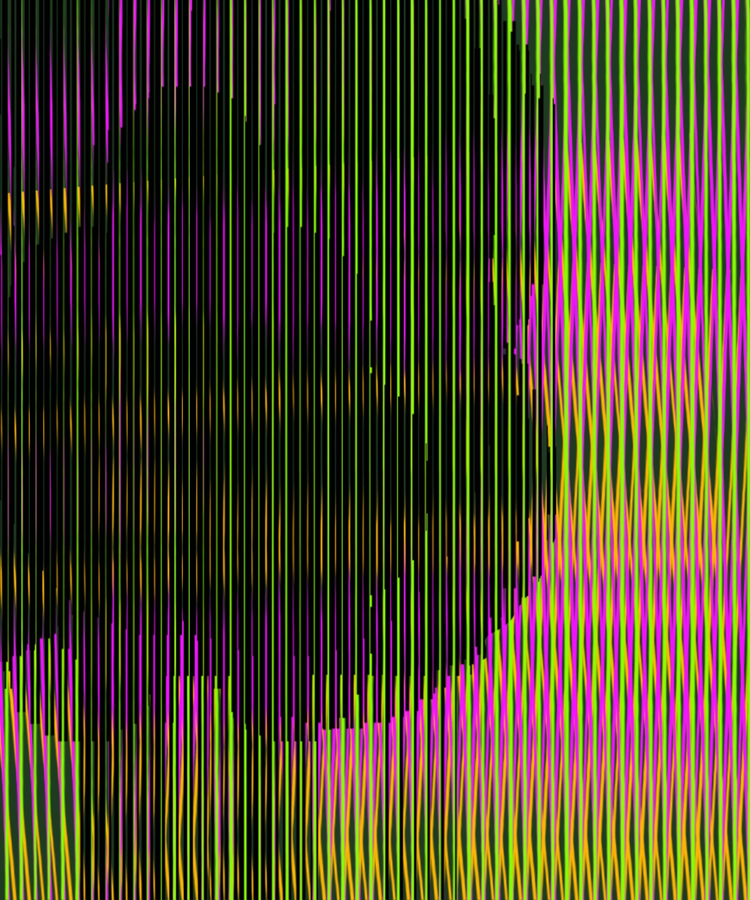 Selected DDFAP works by Klaus Jörres — A large-format acrylic painting demonstrating Jörres's grid-based methodology through vertical lines in black, white, magenta, cyan, yellow, and orange.