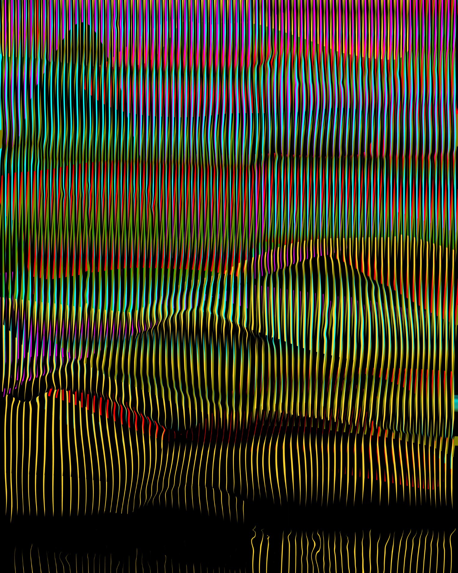 Selected DDFAP works by Klaus Jörres — A large-format acrylic painting composed entirely of vertical parallel lines in black, white, and neon pigments—magenta, cyan, yellow, and orange.