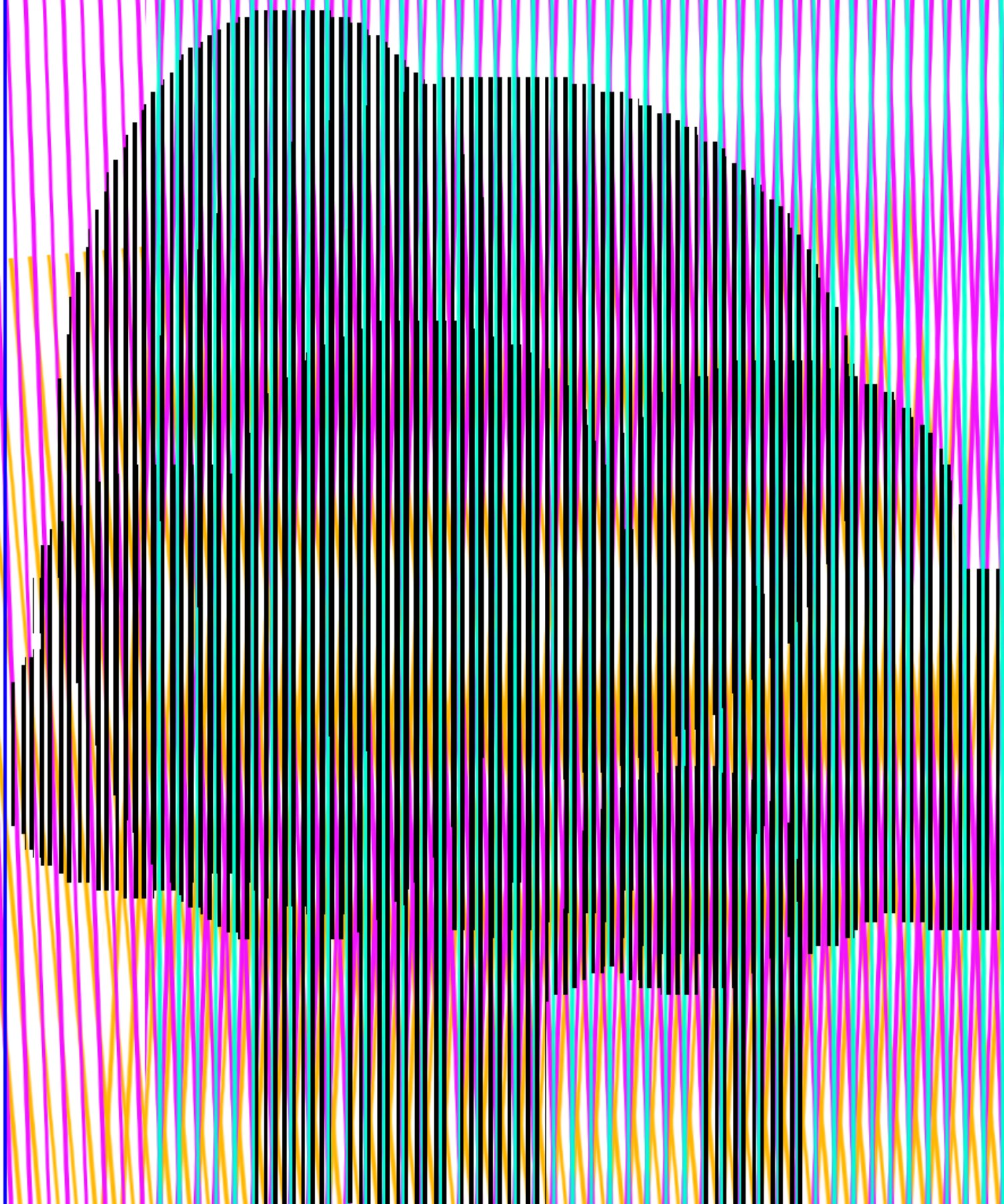 Selected DDFAP works by Klaus Jörres — A large-format acrylic painting composed of densely packed vertical lines in black, white, and fluorescent hues—magenta, cyan, yellow, and orange.