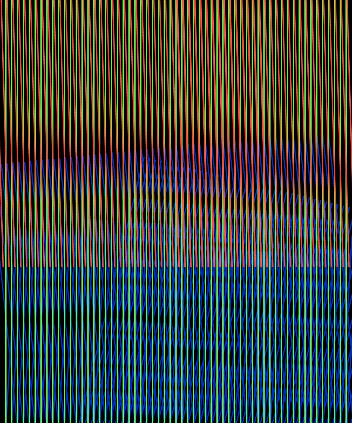Selected DDFAP works by Klaus Jörres — A large-format acrylic painting composed entirely of vertical lines in black, white, neon magenta, cyan, yellow, and orange.