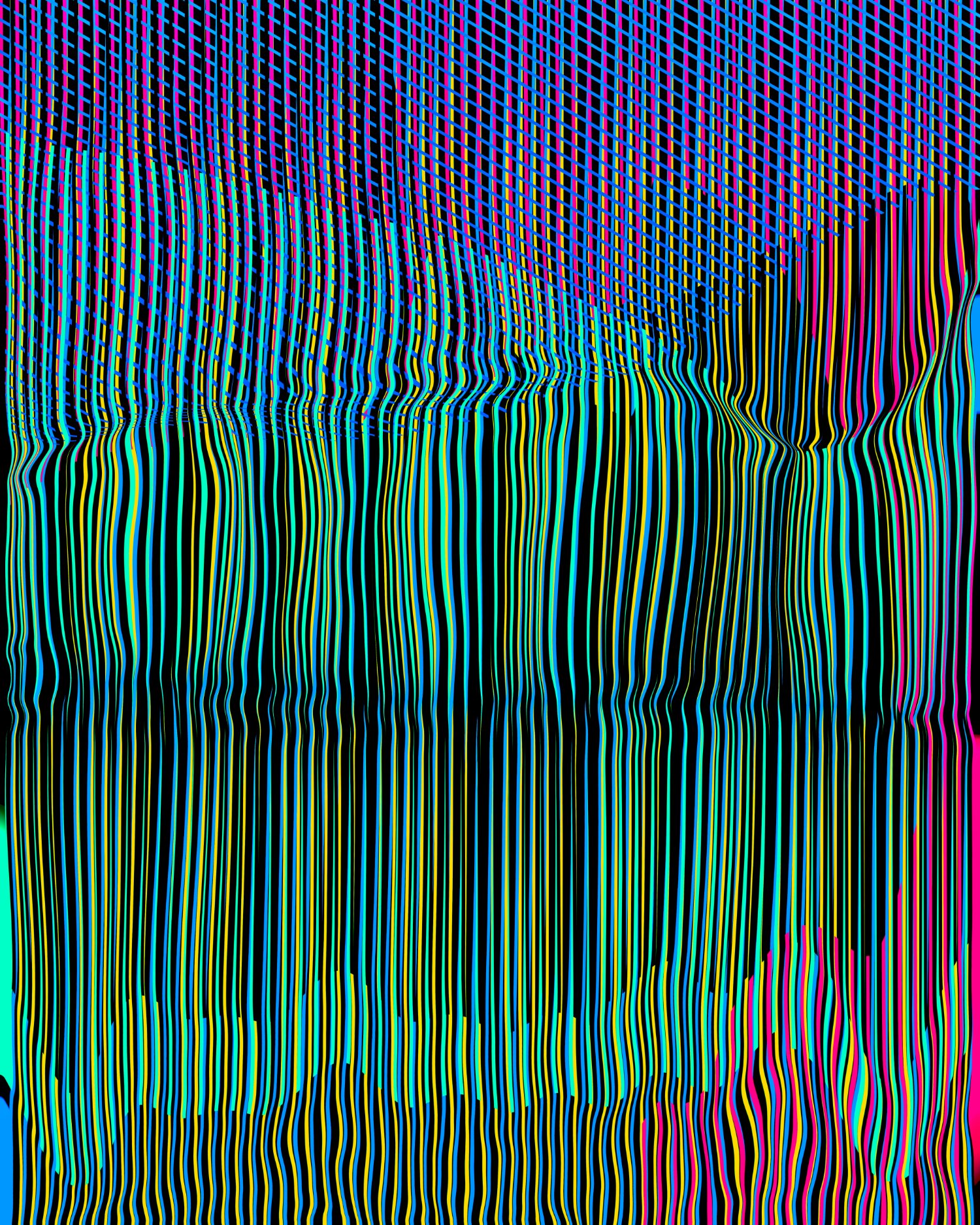 Selected DDFAP works by Klaus Jörres — Vertical acrylic lines in black, white, cyan, magenta, yellow, and orange create optical illusion of three-dimensional volume on a flat surface.