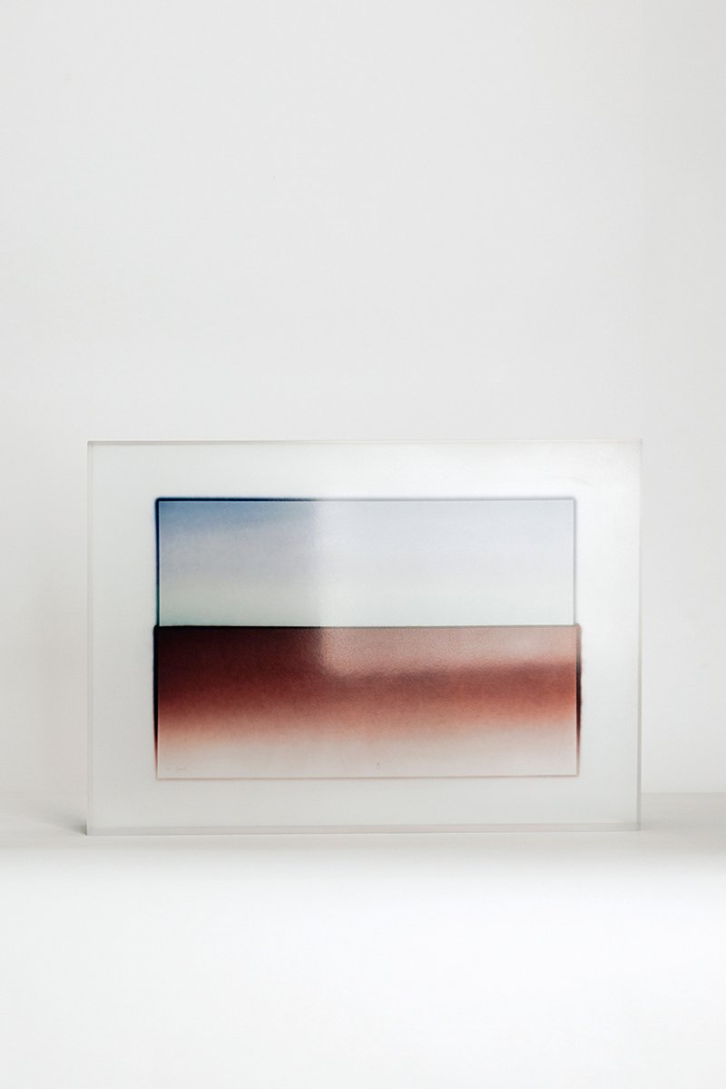 Block Series by Rahee Yoon — A rectangular acrylic block containing a horizontal gradient of muted burgundy and rust tones that blur and dissolve into pale cream at the edges.