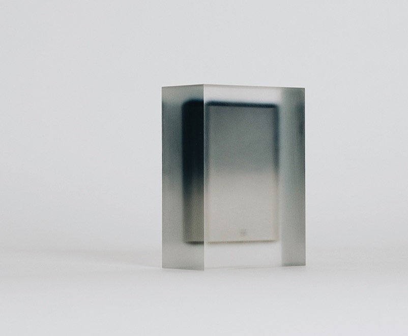 Block Series by Rahee Yoon — A translucent acrylic block sculpture from Rahee Yoon's Block series presents a rectangular form suspended within frosted material.