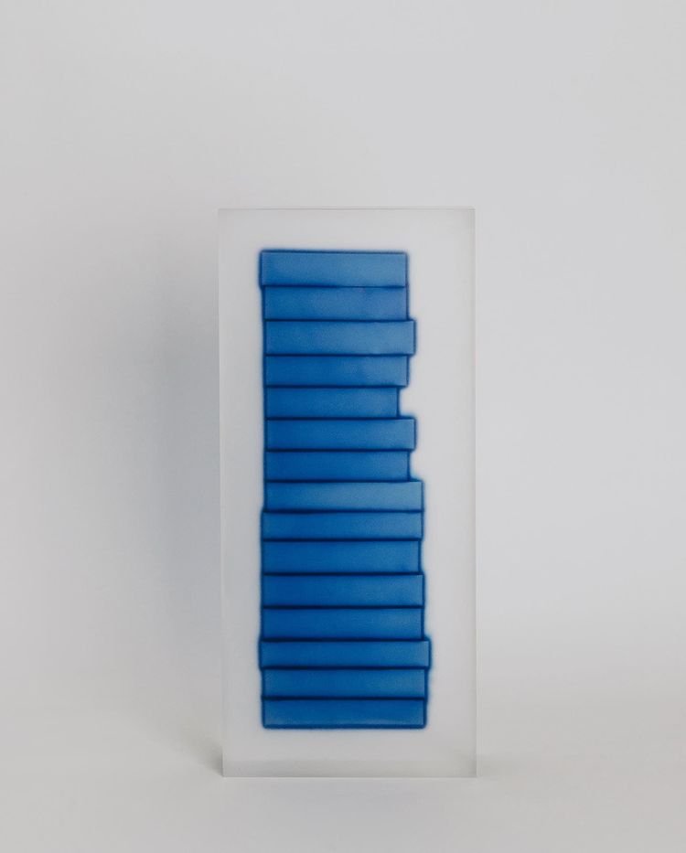 Block Series by Rahee Yoon — A vertical stack of blue rectangular forms contained within a transparent acrylic block.