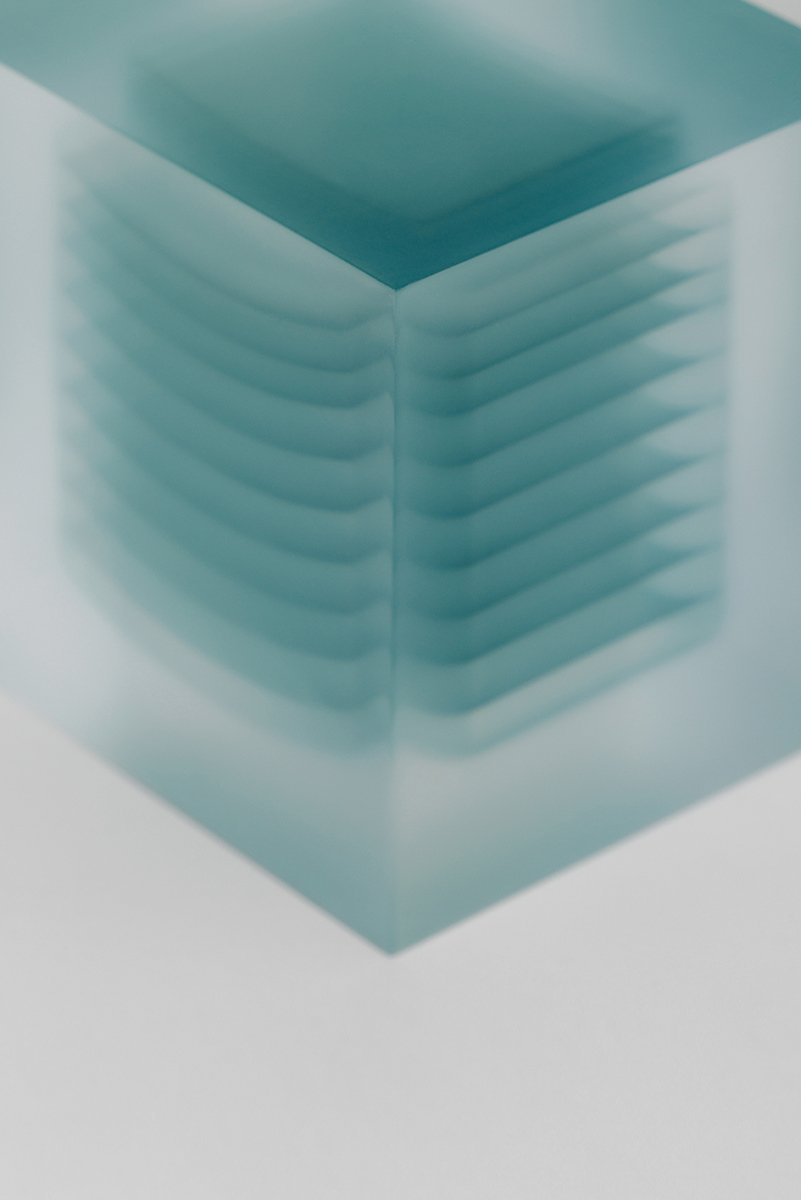 Block Series by Rahee Yoon — A translucent acrylic block sculpture from Rahee Yoon's Block Series, captured in close-up at an oblique angle.