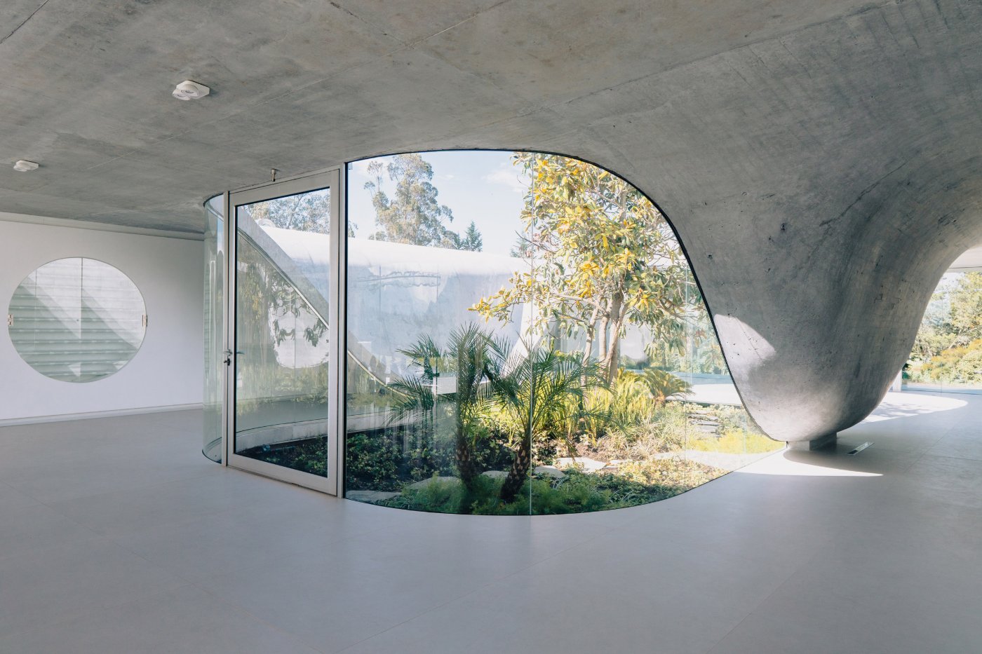 Magnolia House by Estudio Felipe Escudero — A monolithic concrete soffit sweeps overhead in an undulating curve, framing an expansive organic opening that dissolves the boundary between interior and...