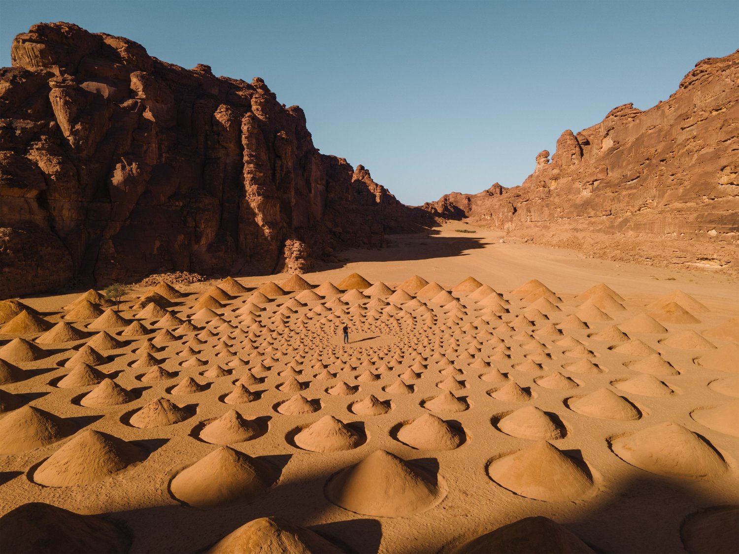 Desert X AlUla 2022 Group Exhibition — A monumental cast-earthen sculptural installation dominates the desert floor, its surface entirely covered in repeating spiral ammonite reliefs.