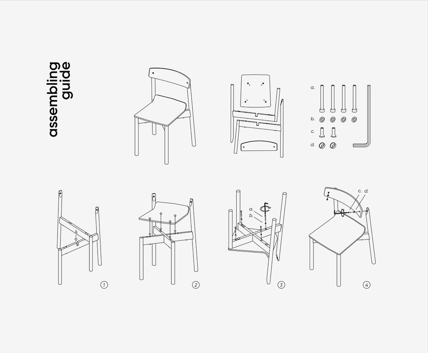 Wox collection by Pavel Vetrov for Artu — Assembly guide for the Wox stackable chair by Pavel Vetrov, presented as technical line drawings against a neutral background.