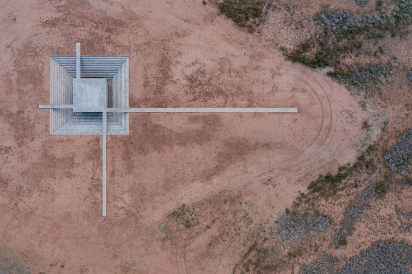 McNeal 020 Pavilion by Atelier David Telerman — Aerial view of McNeal 020 Pavilion revealing its geometric precision against the Arizona landscape.