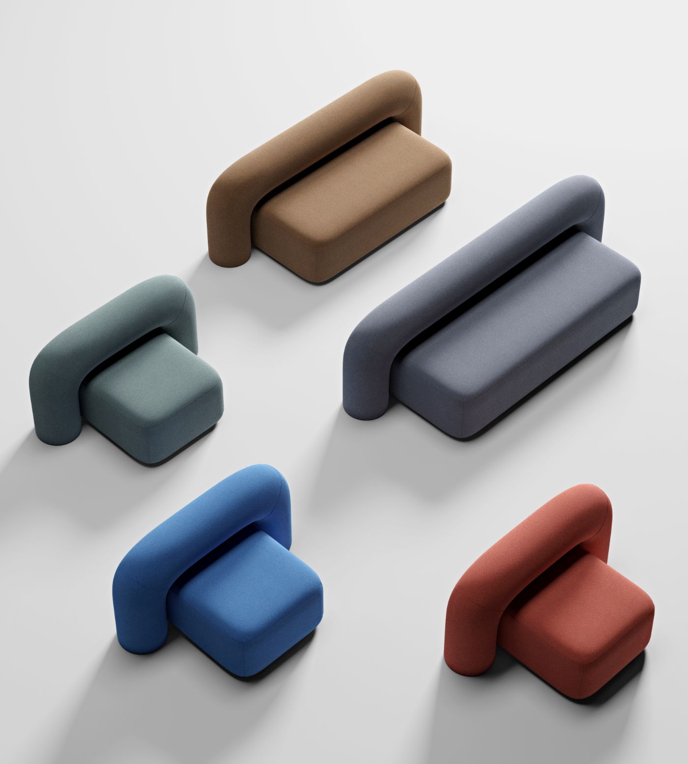 Moss Sofa collection by Pavel Vetrov Studio — Five modular seating objects from the Moss collection arranged in isometric composition against a neutral grey ground.