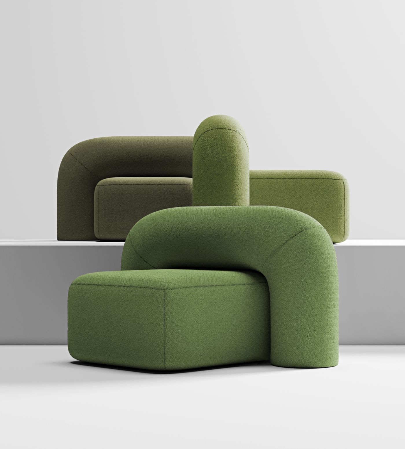 Moss Sofa collection by Pavel Vetrov Studio — The Moss Sofa collection's sculptural seating arrangement showcases volumetric forms crafted from bouclé-textured wool upholstery in sage green.