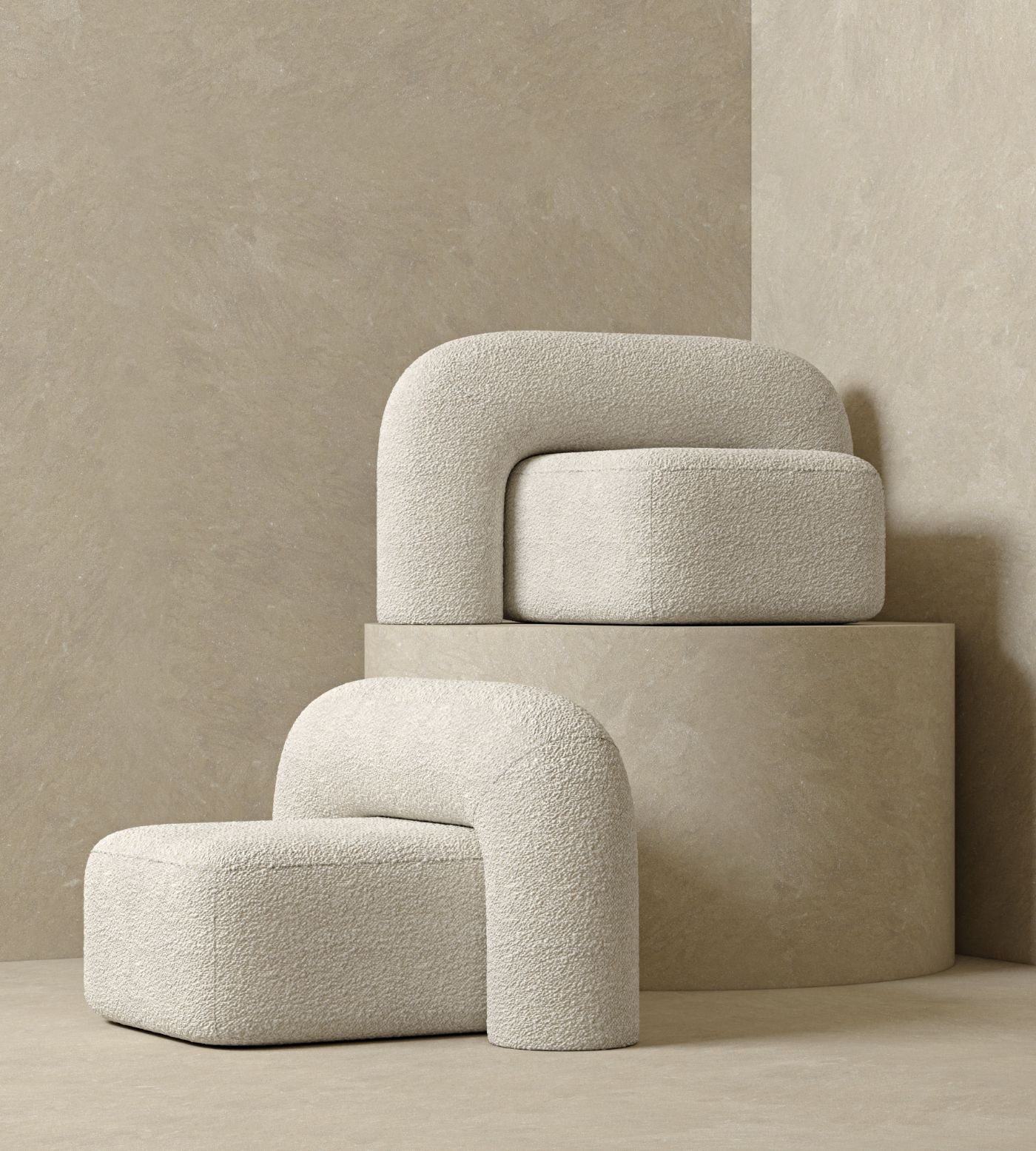 Moss Sofa collection by Pavel Vetrov Studio — The Moss Sofa collection is presented as modular seating components stacked on a rendered plinth.