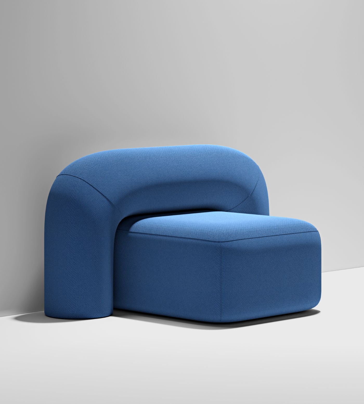 Moss Sofa collection by Pavel Vetrov Studio — The Moss Sofa collection presents a single-seat chair upholstered in blue wool fabric with pronounced bouclé texture.