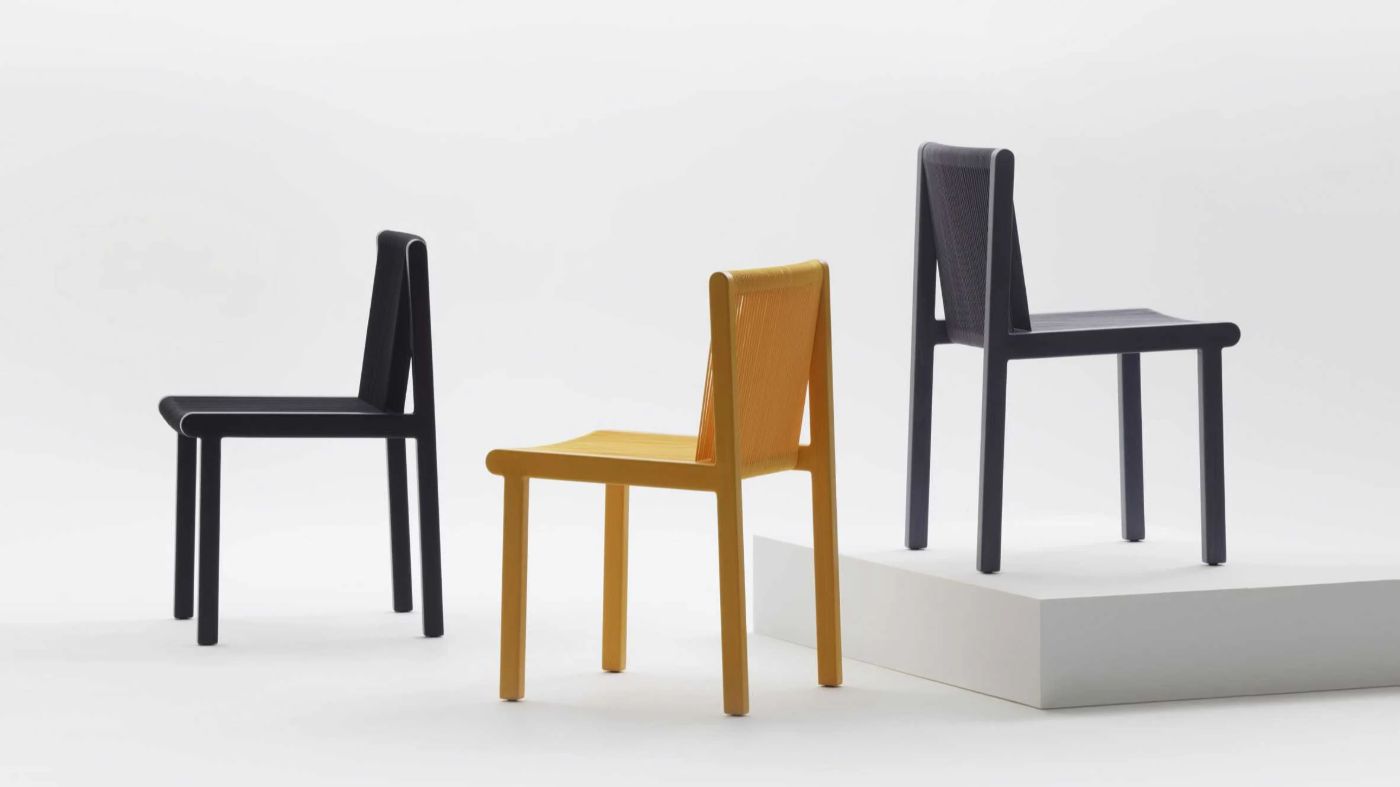 FILO CHAIR by Ronan & Erwan Bouroullec for Mattiazzi by Ronan and Erwan Bouroullec — Three iterations of the Filo chair demonstrate the design's typographic silhouette across material and color variations.