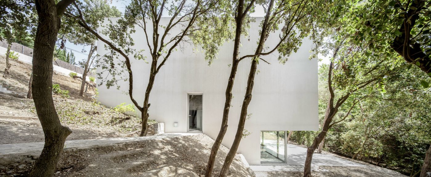 Arranz Bravo Studio by Garcés - De Seta - Bonet Arquitectes — The studio's white rendered facade emerges from a sloping gravel ground plane, framed by mature eucalyptus trees on both sides.