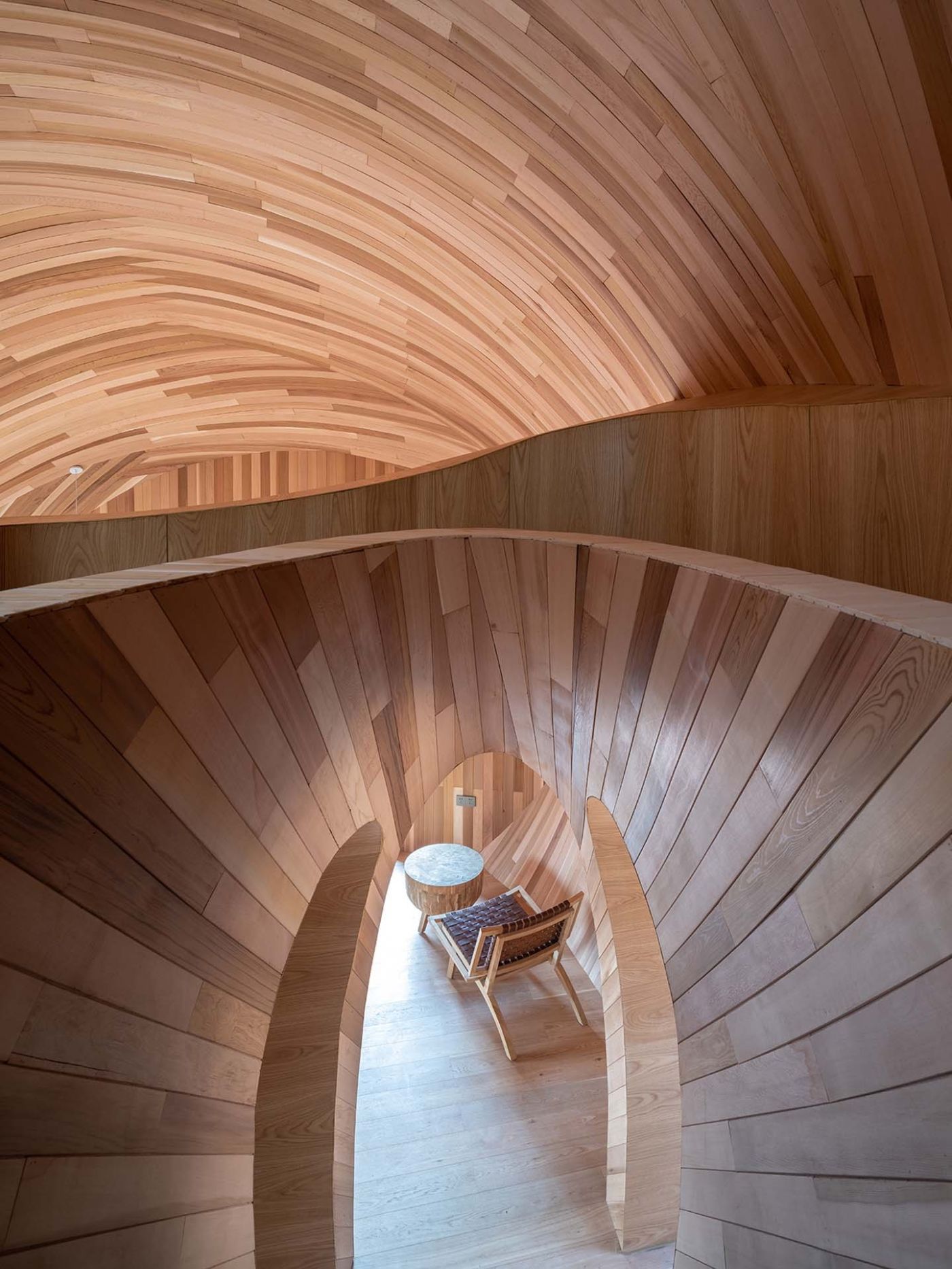 The Seeds Houses by ZJJZ Atelier — Interior view of curved timber passage with concentric wooden shingle construction creating a tunnel-like spatial sequence.