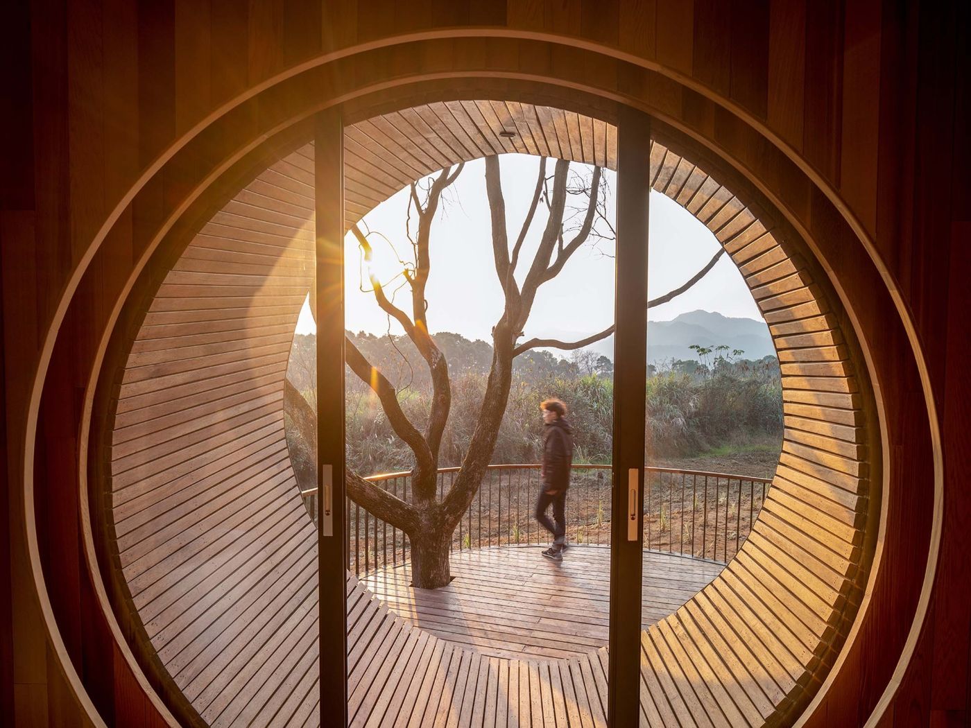 The Seeds Houses by ZJJZ Atelier — View from interior through circular wooden-framed opening onto elevated timber deck.