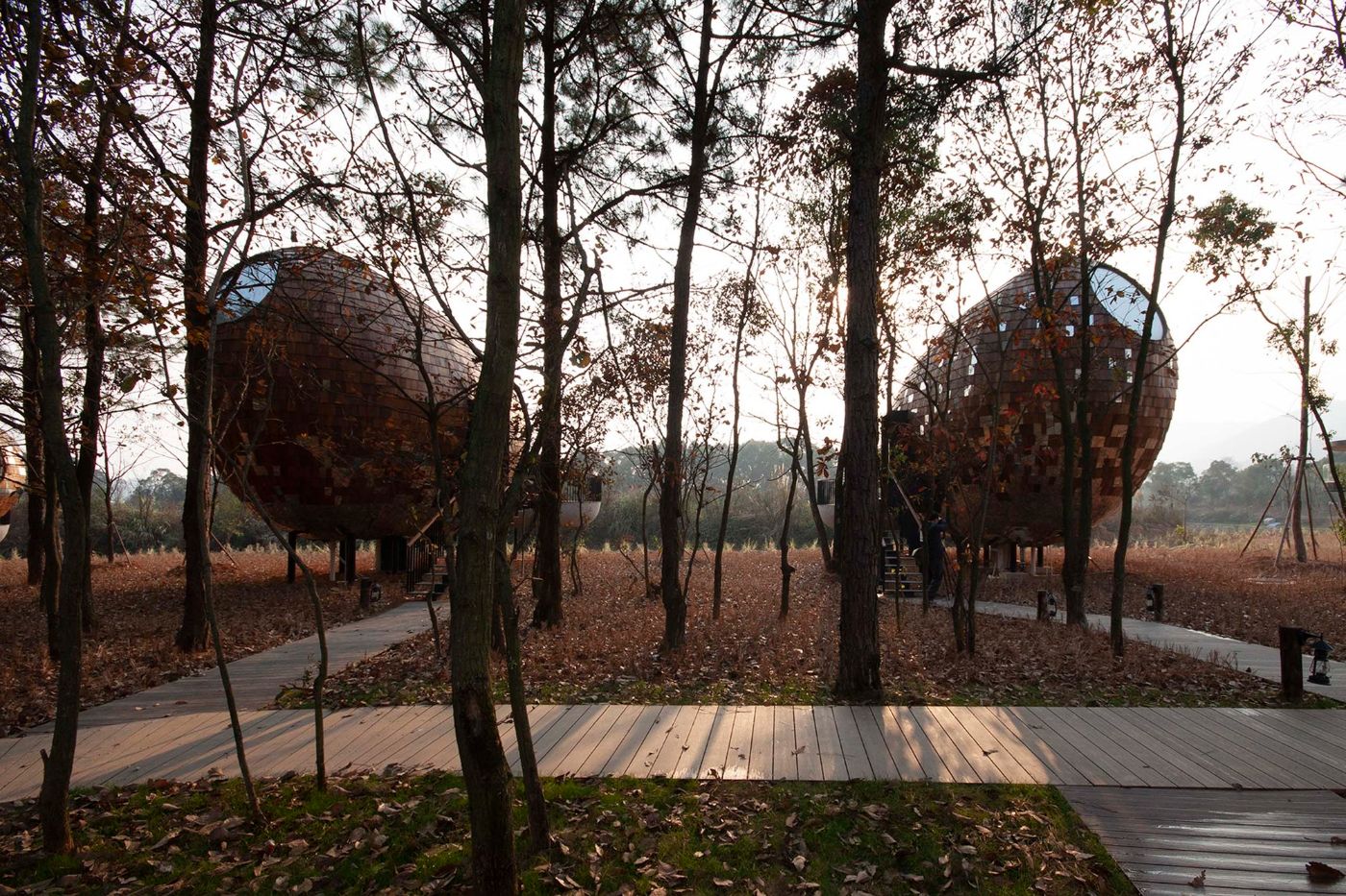 The Seeds Houses by ZJJZ Atelier — Two ellipsoidal structures clad in mirrored aluminum tile dominate a forest clearing, their reflective surfaces capturing the surrounding deciduous trees...