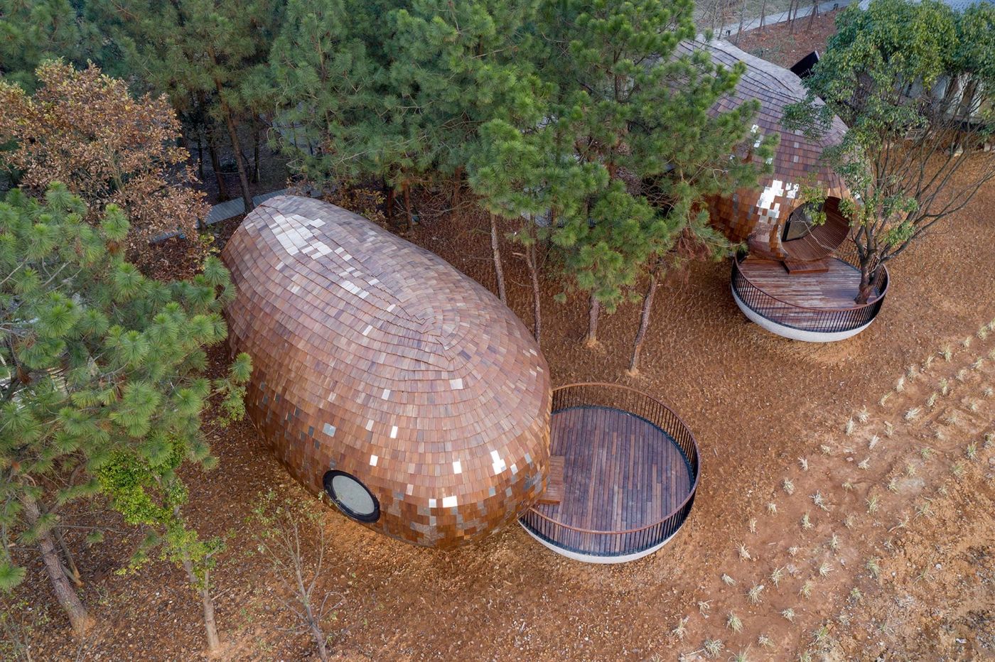 The Seeds Houses by ZJJZ Atelier — Aerial view of the largest Seeds House reveals its ellipsoidal form clad in mirrored aluminum tiles arranged in a brick-like pattern, interspersed with...