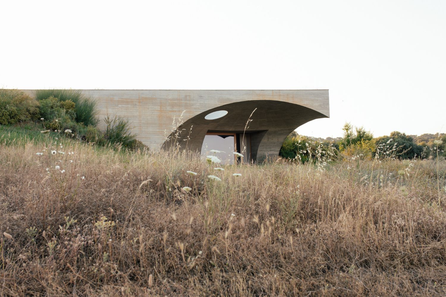 Casa na Terra captured by Thisispaper Studio — The earth-sheltered Casa na Terra emerges from an overgrown meadow of dried grasses and white wildflowers, its monolithic concrete form punctuating the...