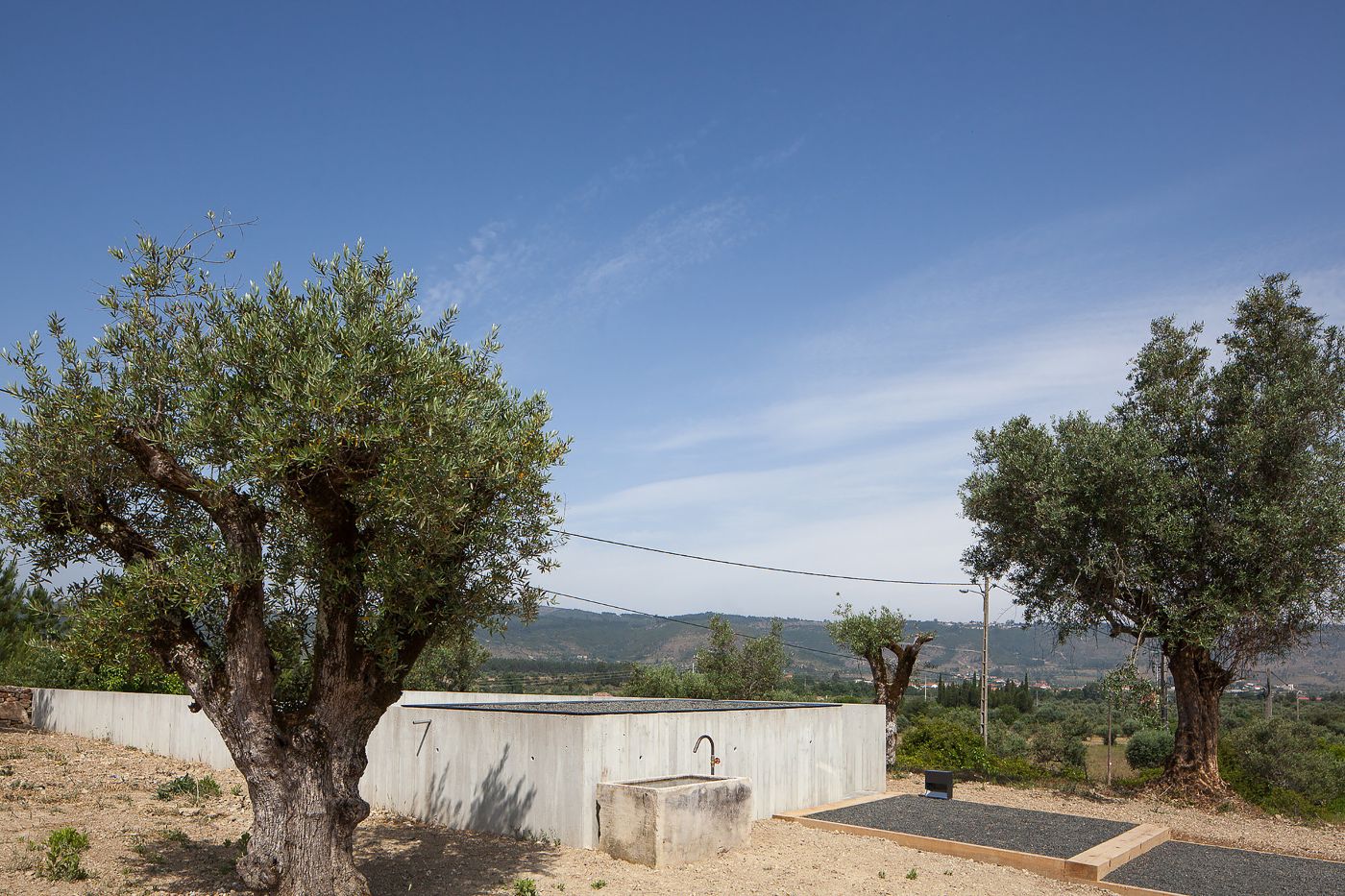 Fonte Boa House by João Mendes Ribeiro — A rendered white concrete structure with horizontal fenestration sits elevated on a concrete plinth within an olive grove landscape.