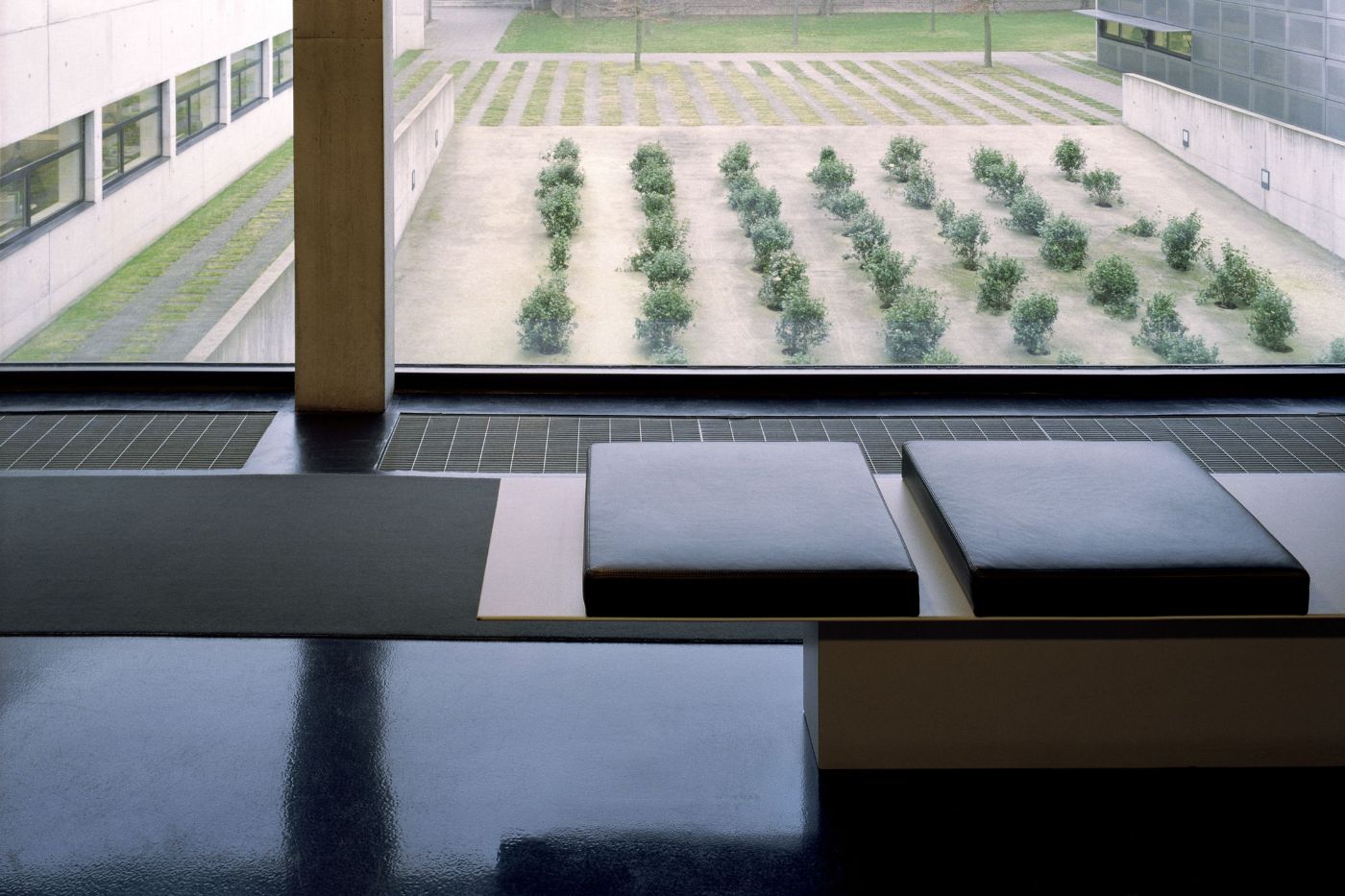 AZL Pension Fund Headquarters by Wiel Arets Architects by WAA Wiel Arets Architects — View from interior through expansive glazing toward the courtyard intervention.