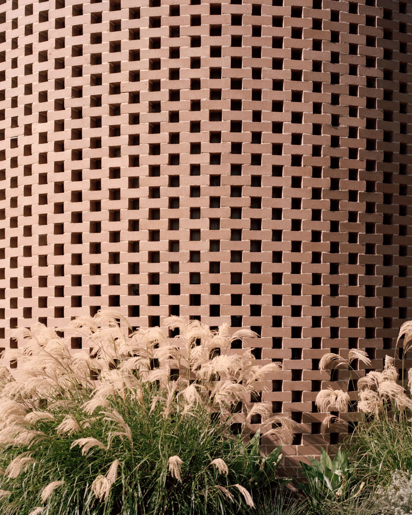 Rose House by Baracco+Wright Architects — A perforated brick facade dominates the composition, its regular grid of square openings creating a rhythmic pattern across the cylindrical form.