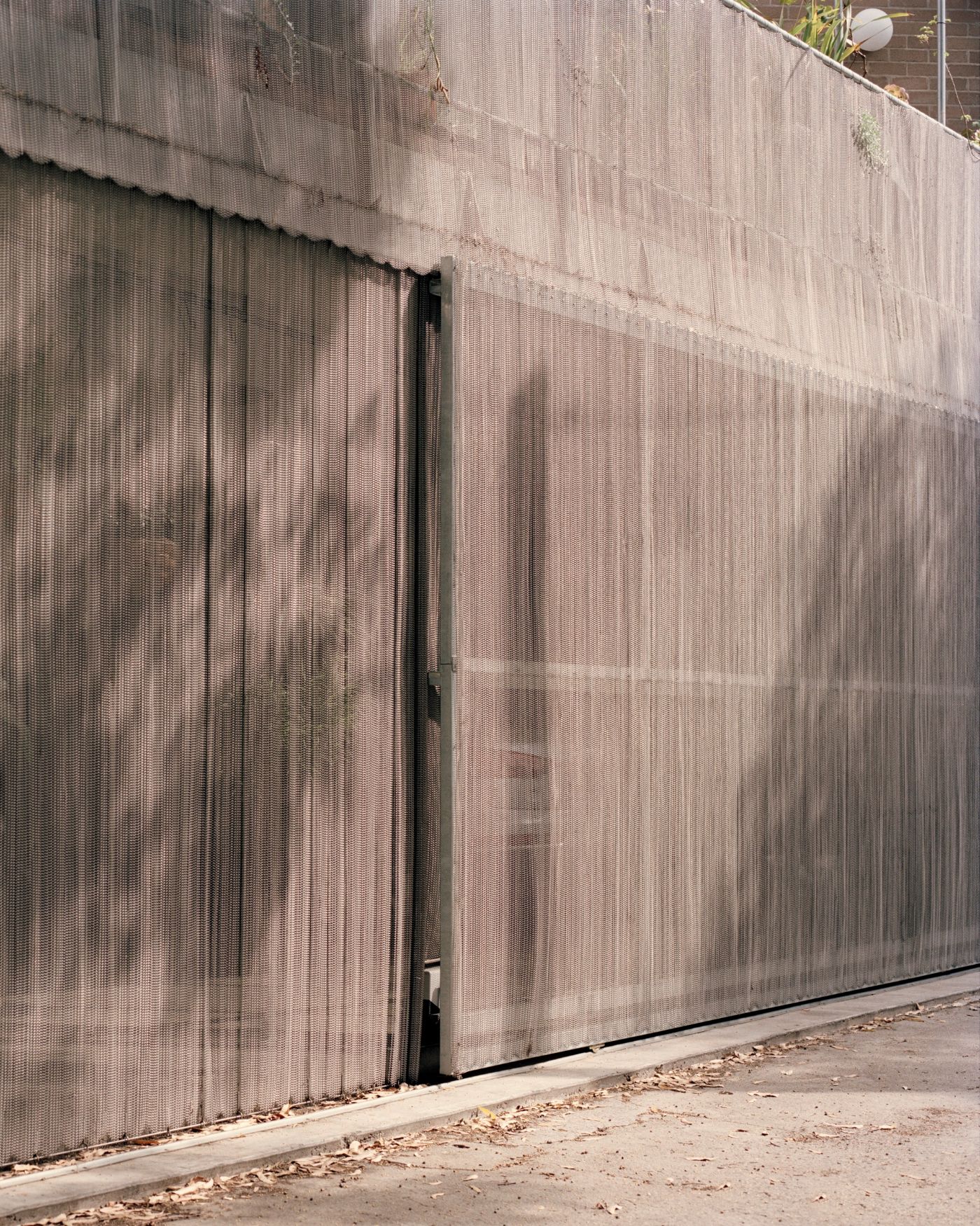 Rose House by Baracco+Wright Architects — A perforated metal screen wall dominates the composition, its corrugated surface casting linear shadow patterns across the plane.
