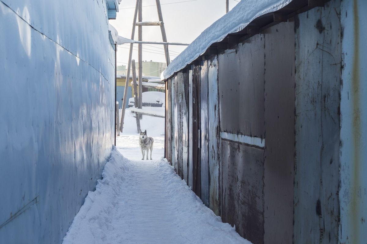 Удачный / Lucky by Hanne Van Assche — A narrow passage between industrial structures cuts through deep snow in Udachny's mining town infrastructure.