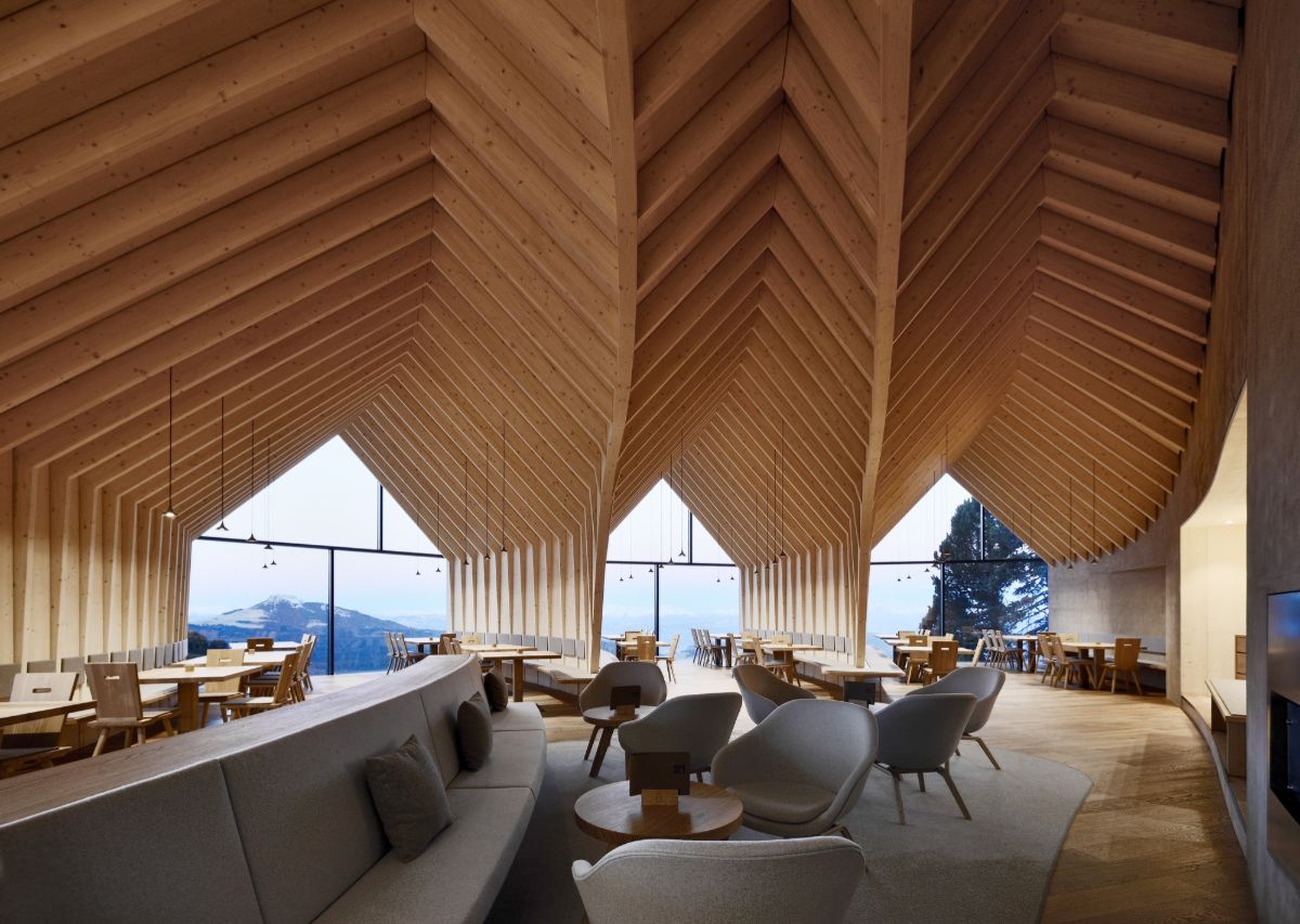 Oberholz Mountain Hut by Peter Pichler & Pavol Mikolajcak by Peter Pichler Architecture — Interior view of the Oberholz Mountain Hut revealing the spatial strategy of three staggered peaked-roof pavilions.