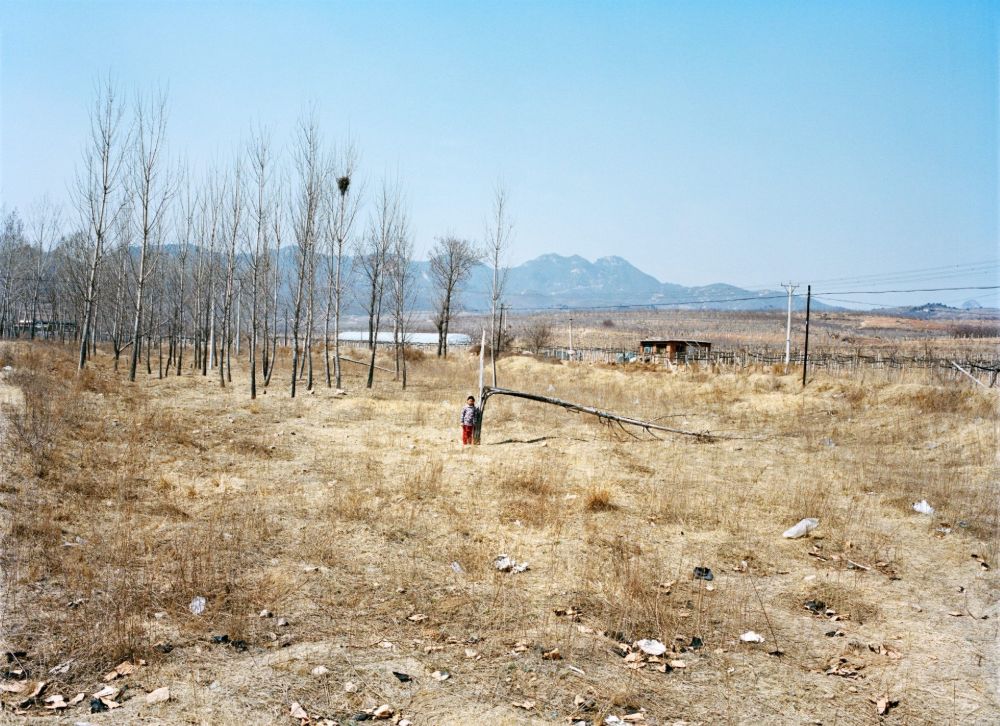 Watering My Horse by Xiaoxiao Xu — A figure in red stands isolated in the foreground of reclaimed grassland, dwarfed by the scale of abandonment.