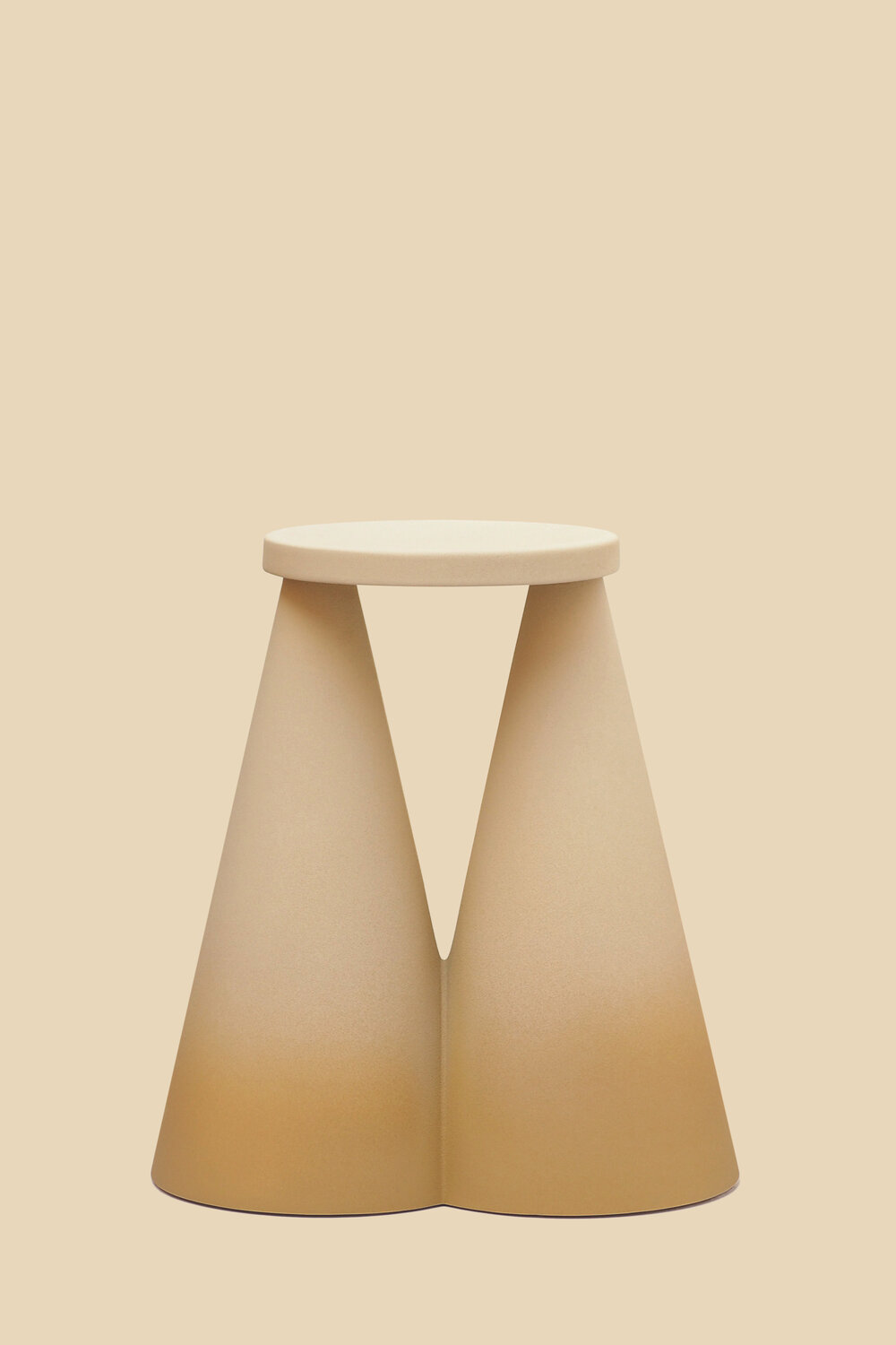 Isola Side Table by Cara\Davide — The Isola Side Table presents a geometric sculptural form comprising two tapered conical ceramic legs that converge toward a shared circular tabletop.