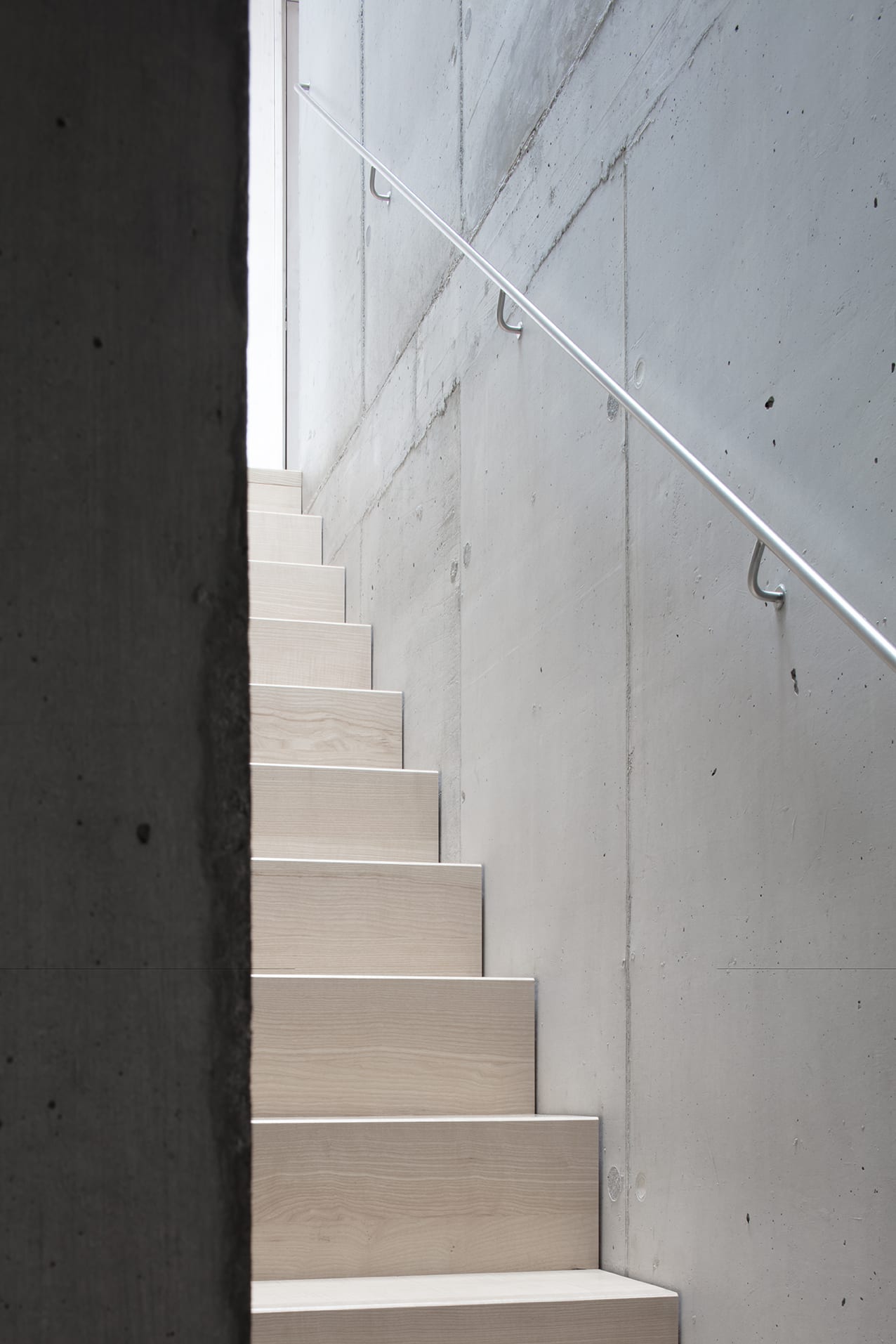 En Chalméry House by Christian Dupraz Architects — Staircase ascending between concrete walls with board-formed surface texture visible throughout.
