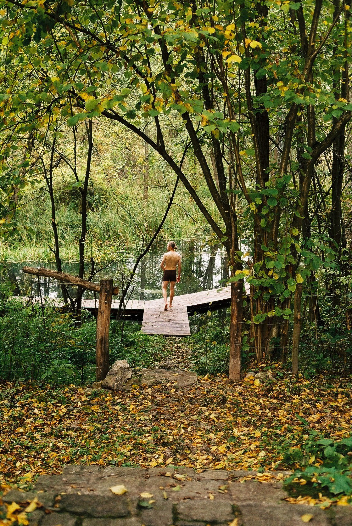 Wygnanowice House Over Crystal Clear Springs captured by Thisispaper Studio — A jogger traverses a wooden boardwalk through dense forest canopy in autumn.