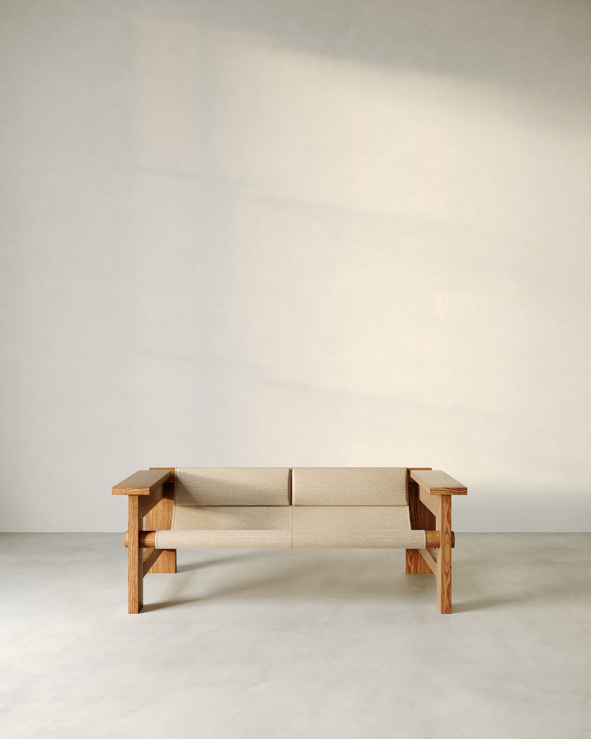 Furniture Collection by HAOS — A wooden-framed sofa with exposed joinery at the corners and cross-bracing supports the seat and back.